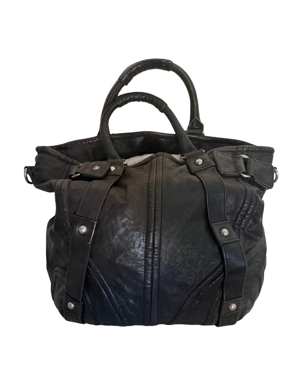 Black Leather Bebe Tote Bag with shoulder strap silver hardware